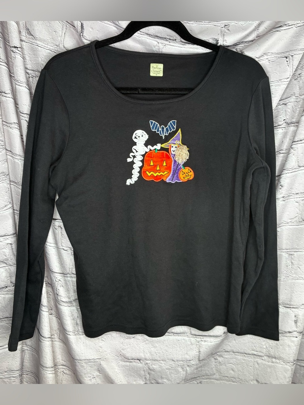 Vtg 90s Halloween Spooky Kitsch Appliqué Black Long Sleeve Shirt Grandmacore M